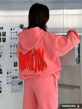 White Fox Boutique Coral Pink Hoodie with Red Graphic
